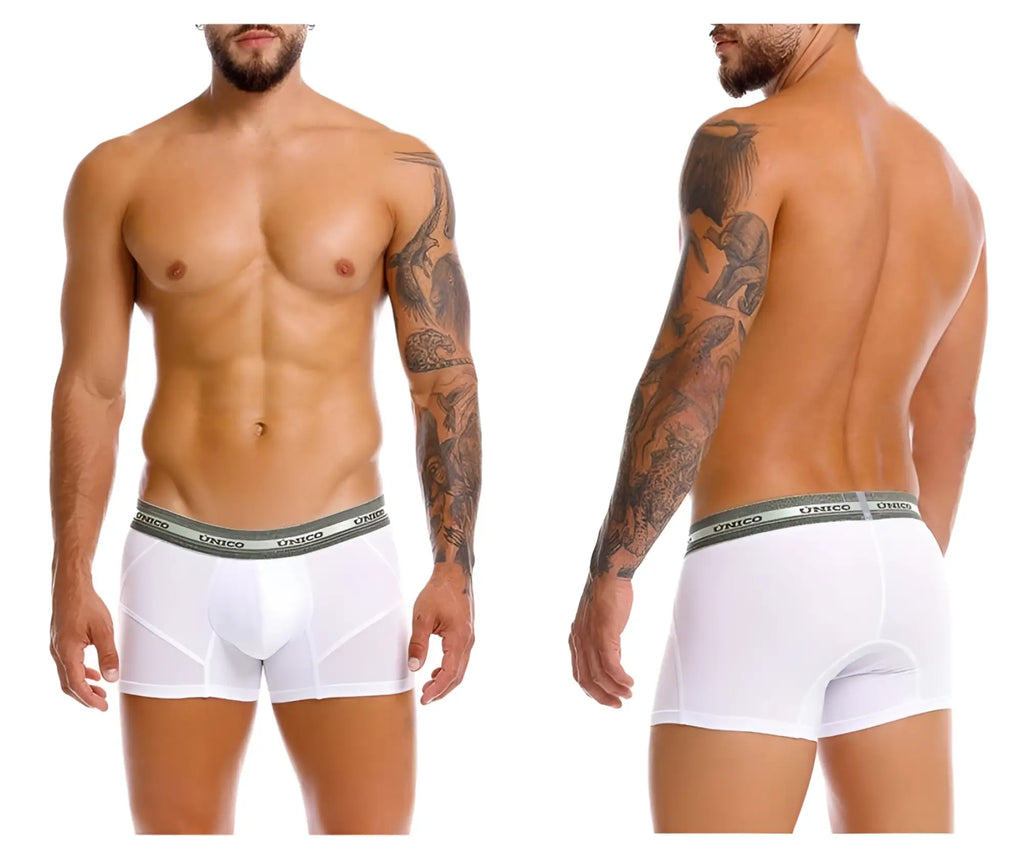 White unico men’s boxer briefs with gray elastic waistband featuring brand name in sensacion trunks color 00-white