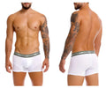 White unico men’s boxer briefs with gray elastic waistband featuring brand name in sensacion trunks color 00-white