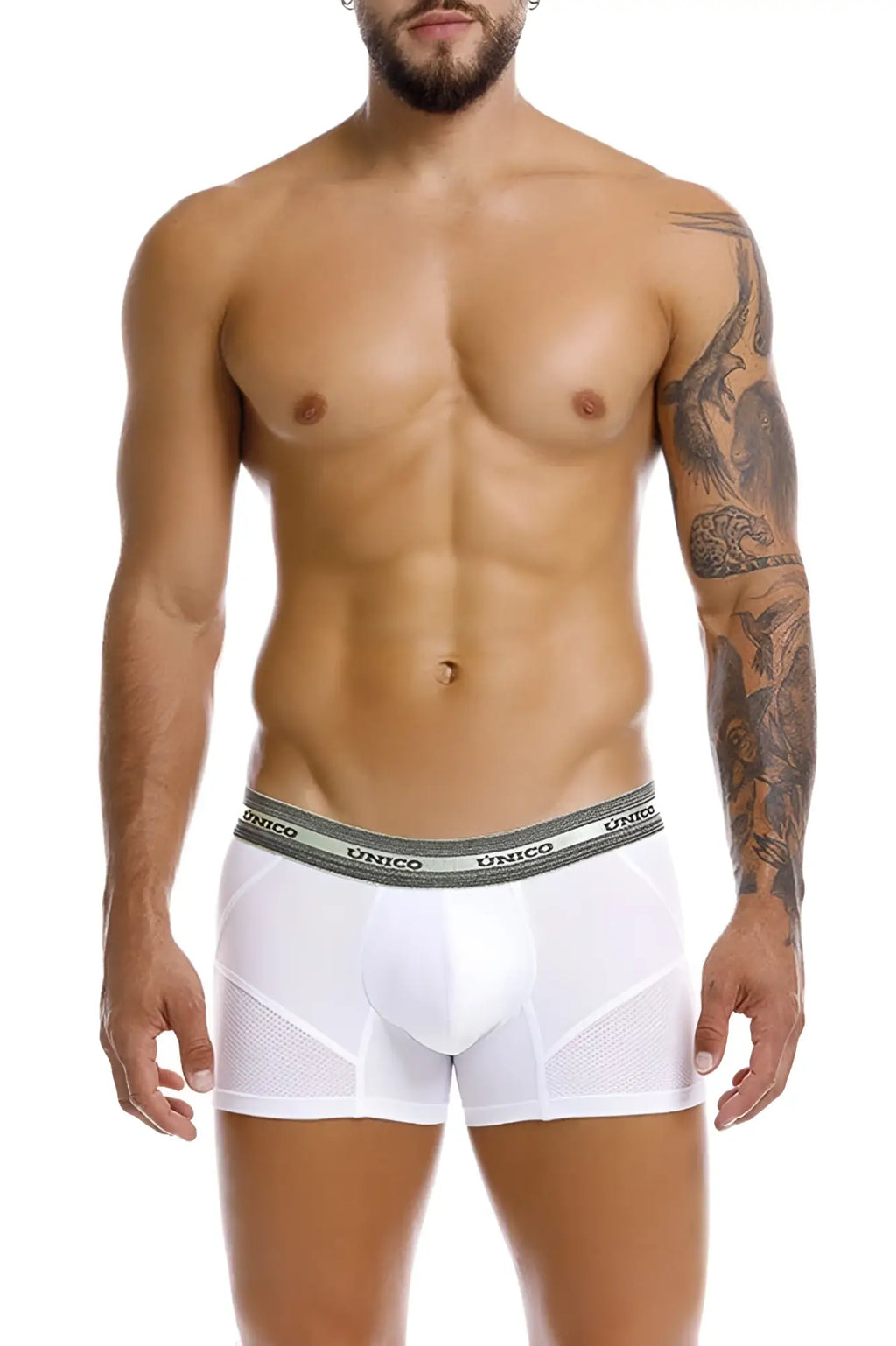 White unico men’s boxer briefs with gray elastic waistband featuring black repeated brand name sensacion trunks