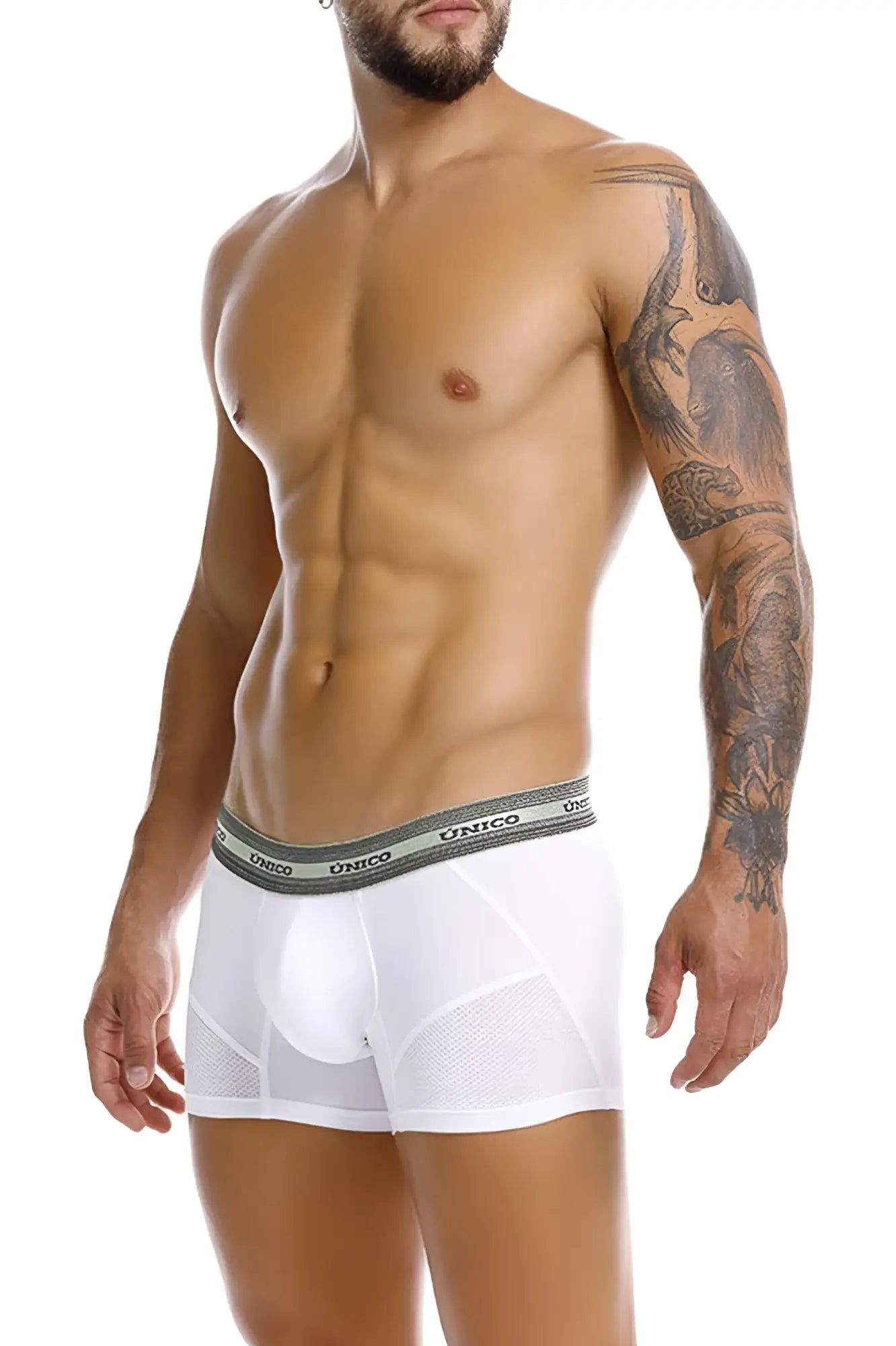 White unico 25040100122 sensacion trunks with gray waistband and breathable mesh panels for men
