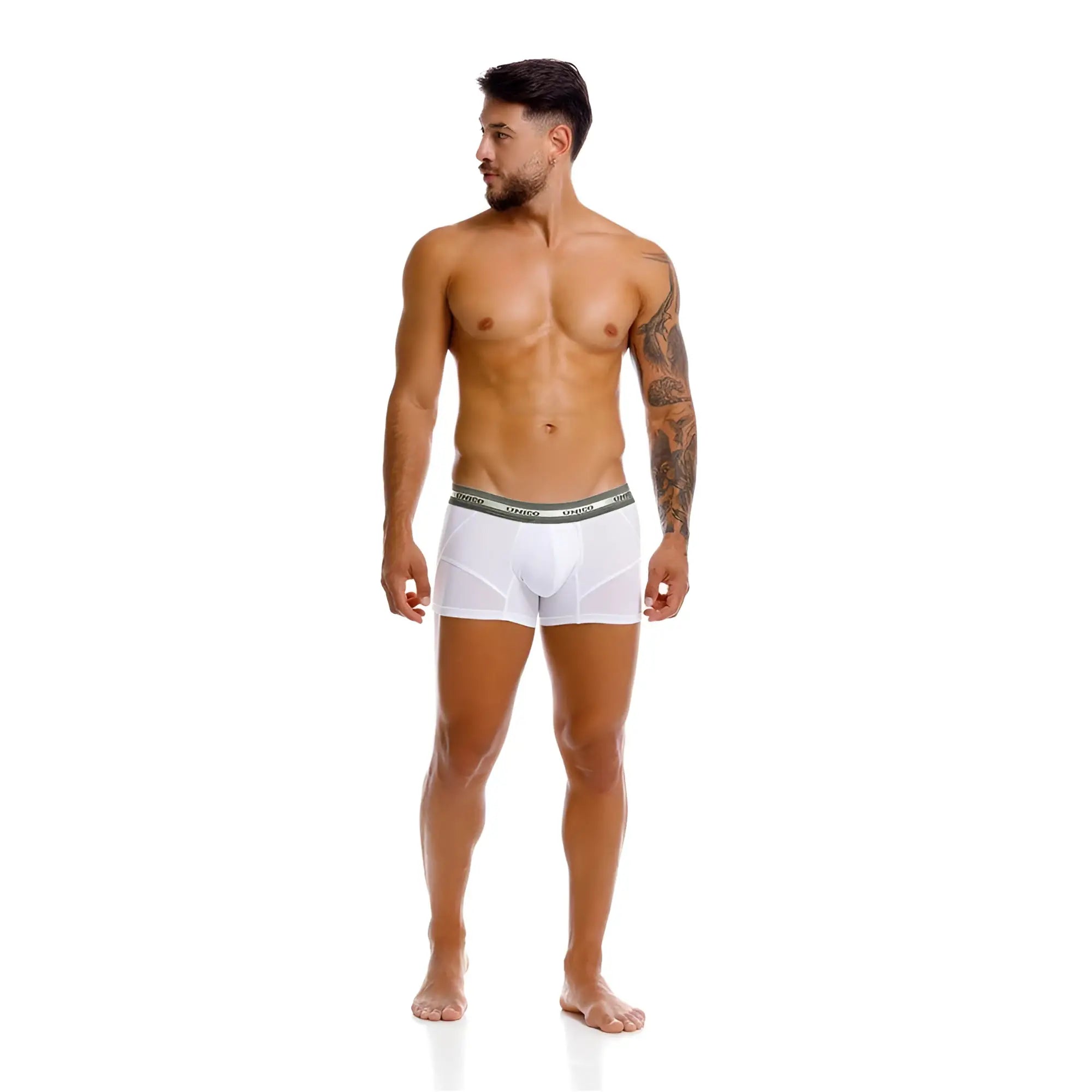 White men’s boxer briefs unico 25040100122 sensacion trunks with gray elastic waistband branded vince in white
