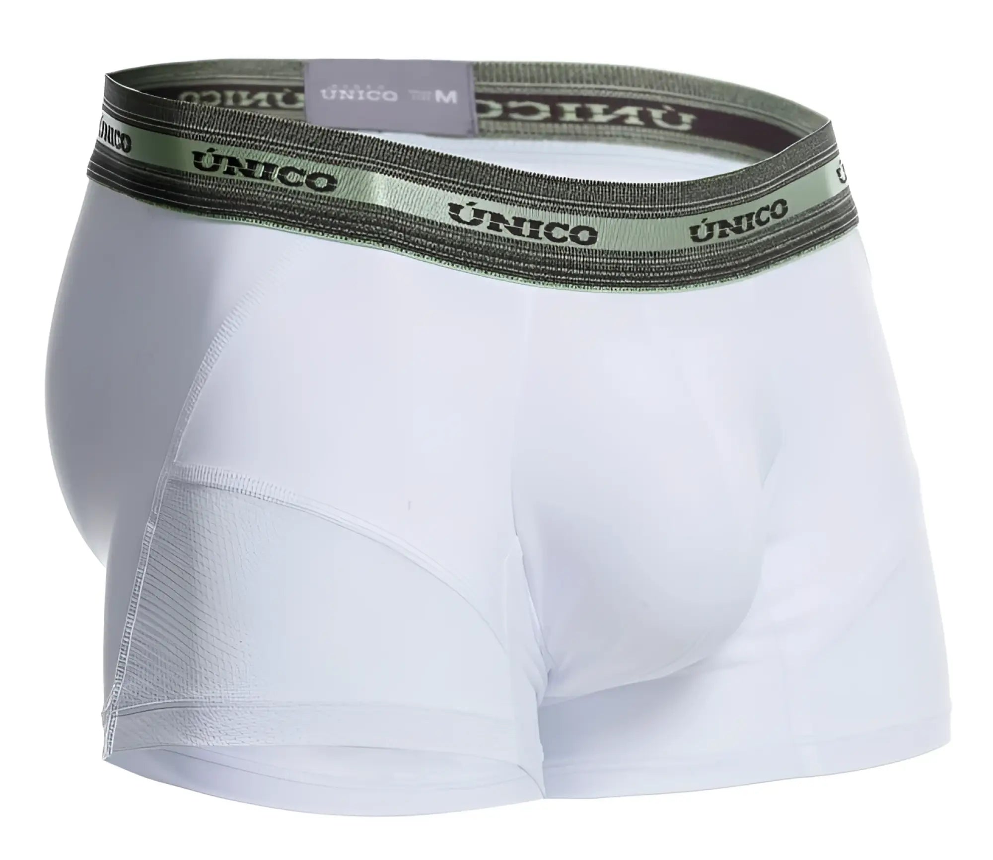 White unico men’s boxer briefs with green and black elastic waistband featuring repeated brand name sensacion trunks