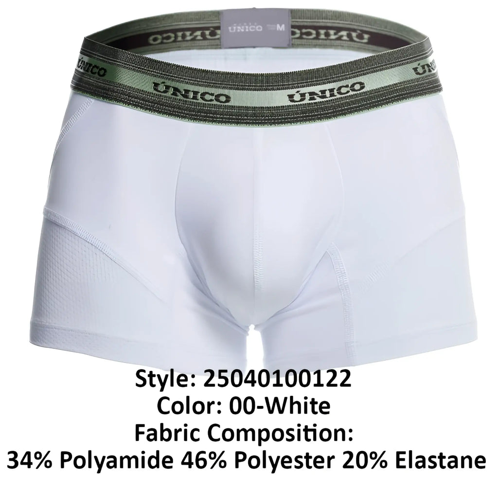 White unico 25040100122 sensacion trunks boxer briefs with olive green waistband and black brand lettering