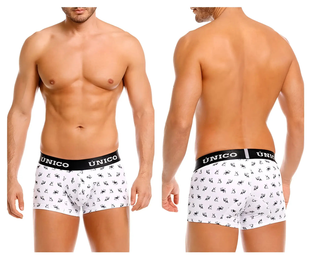 White unico 25040100130 frenchis trunks with black patterned briefs and contrasting waistband with brand name