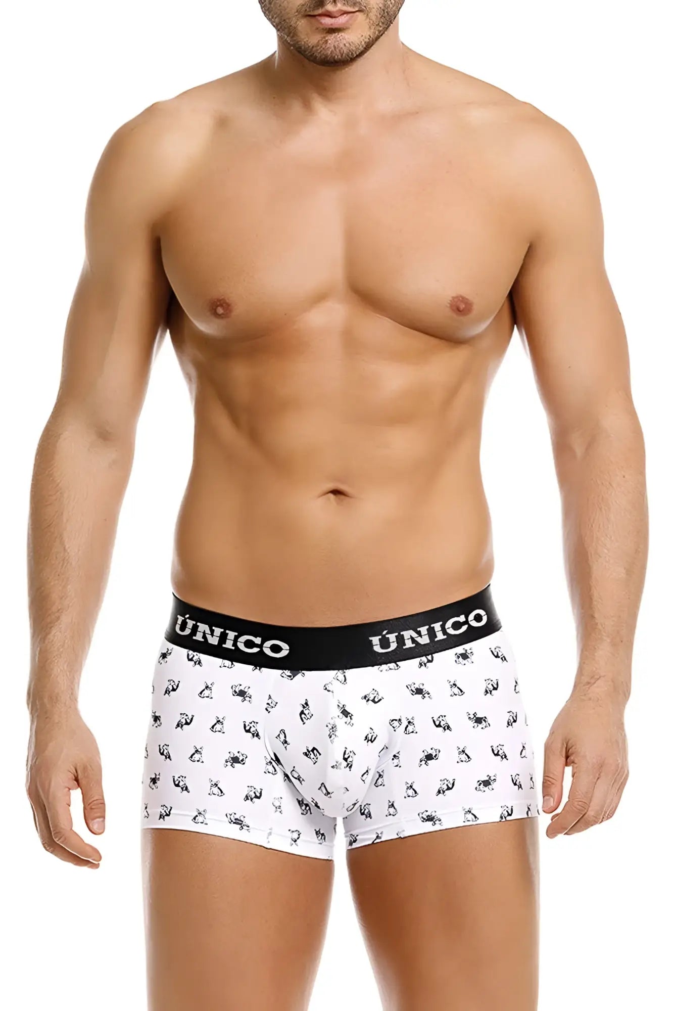 White frenchis trunks with unico black waistband and small black animal prints color 00 white