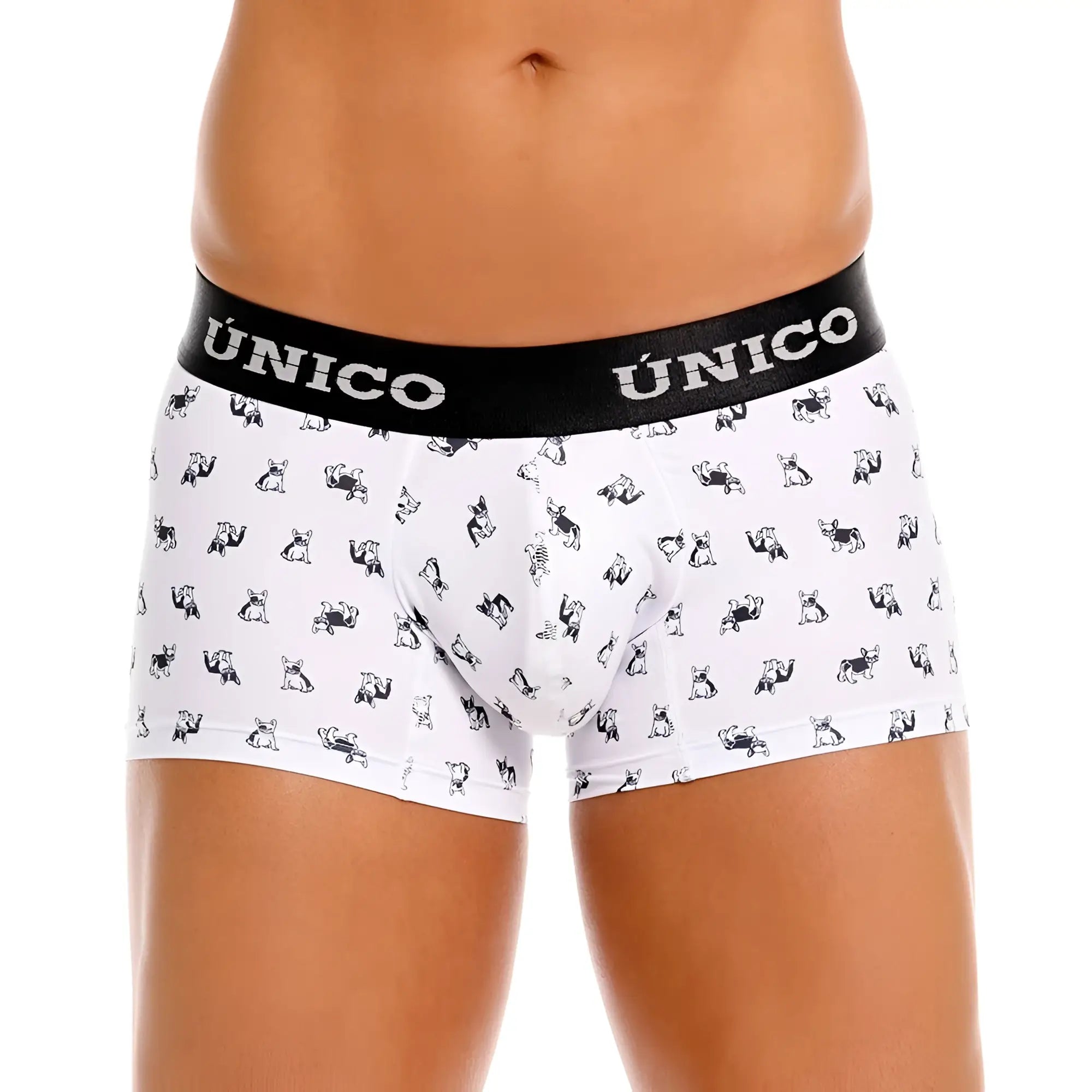 White unico 25040100130 frenchis trunks briefs with black waistband and small black cartoon dogs pattern