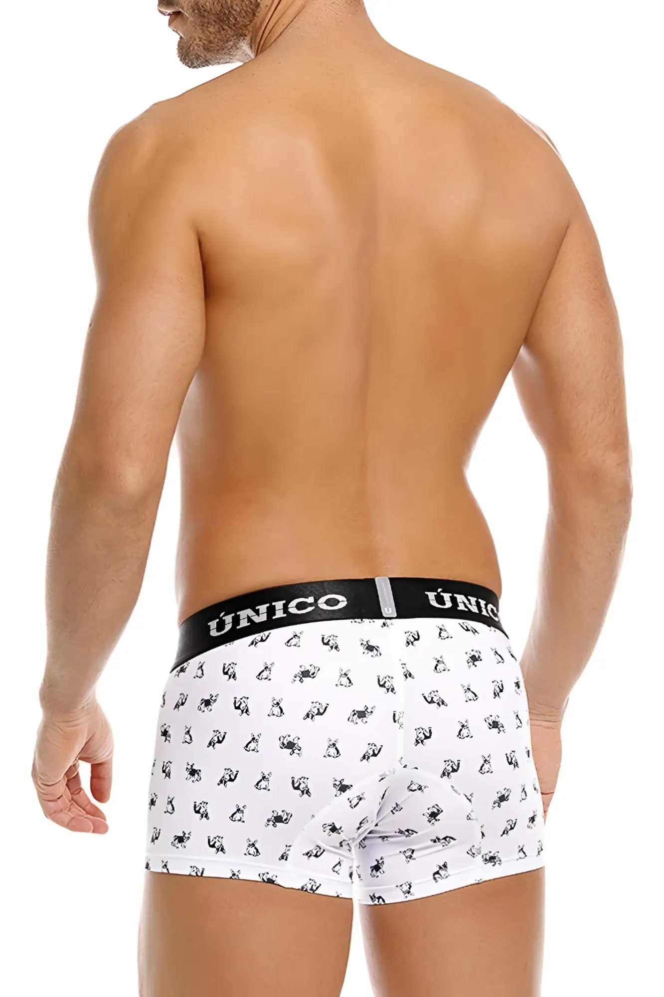 White unico 25040100130 frenchis trunks with black animal pattern and contrasting black elastic waistband