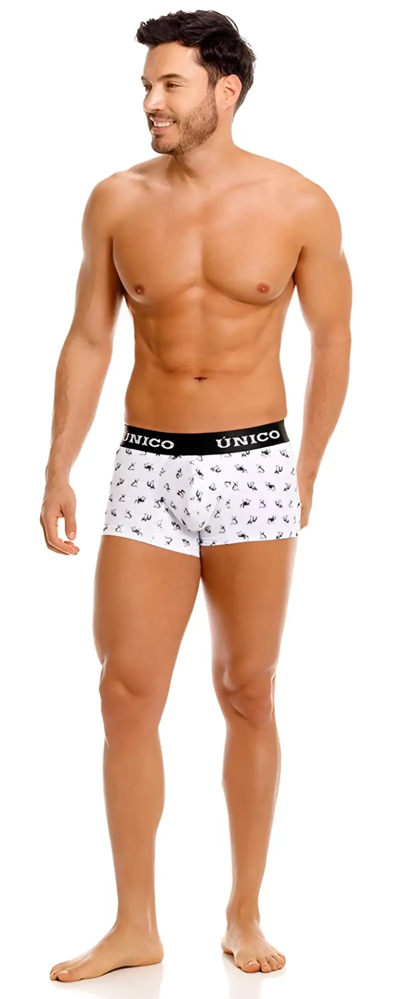 White unico boxer briefs with black branded waistband and dark blue insect patterns in francis trunks color 00-white