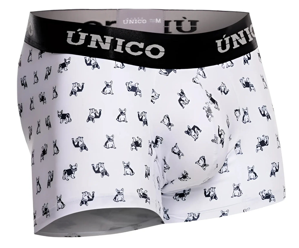 White boxer briefs unico 25040100130 with black elastic waistband and small black french bulldog pattern on white fabric