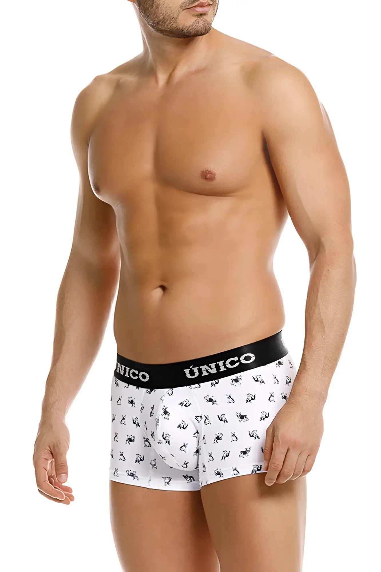 White unico 25040100130 frenchis trunks with black waistband and small black animal silhouettes on white fabric