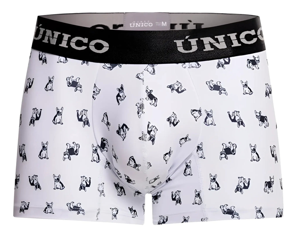White boxer briefs with black unico waistband and small black french bulldog print in unico 25040100130 frenchis trunks