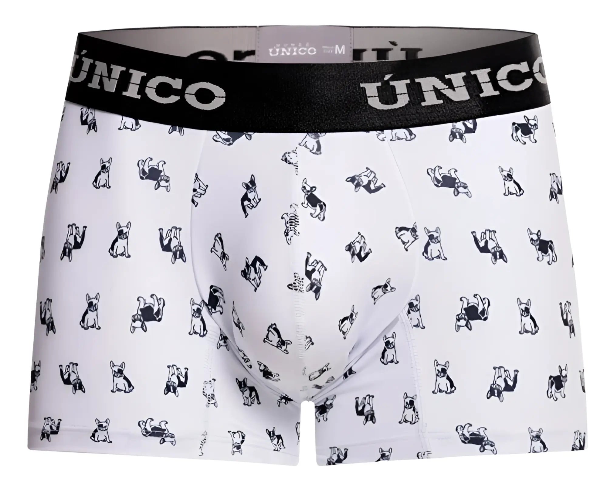 White boxer briefs with black unico waistband and small black french bulldog print in unico 25040100130 frenchis trunks