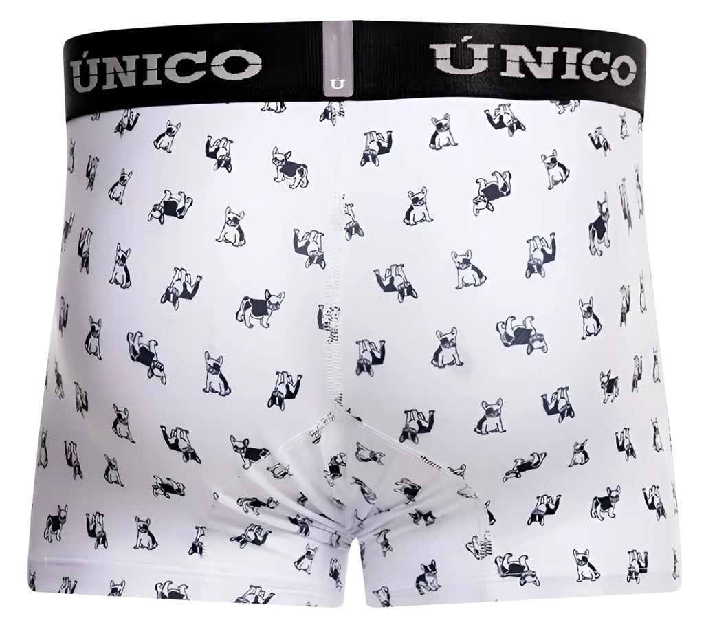 White unico 25040100130 frenchis trunks boxer briefs with black waistband and gray french bulldog pattern