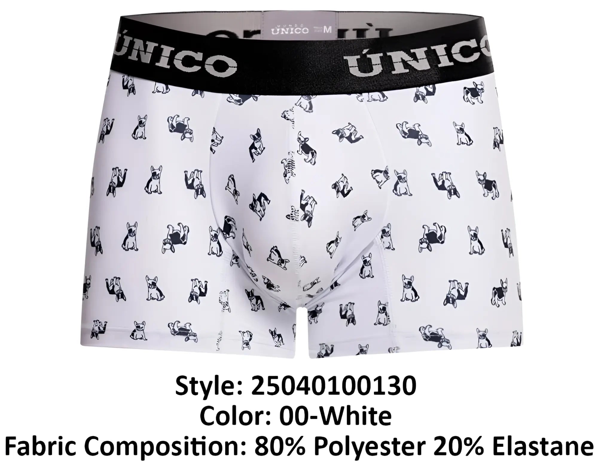 White boxer briefs with black french bulldog pattern and black unico branded waistband model 25040100130 frenchis trunks