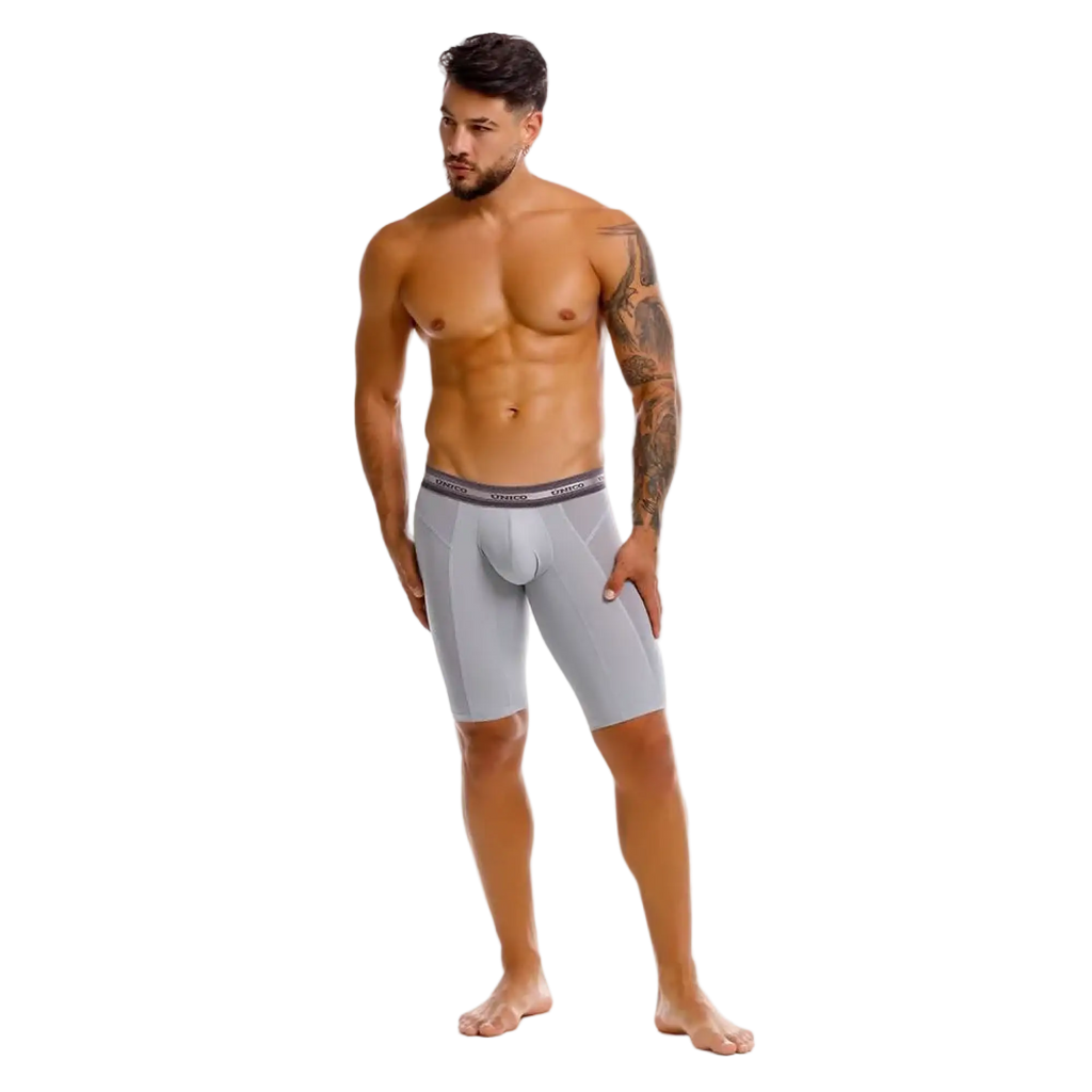 Light gray unico 25040100323 albaricoque boxer briefs with dark gray omnis waistband in white lettering