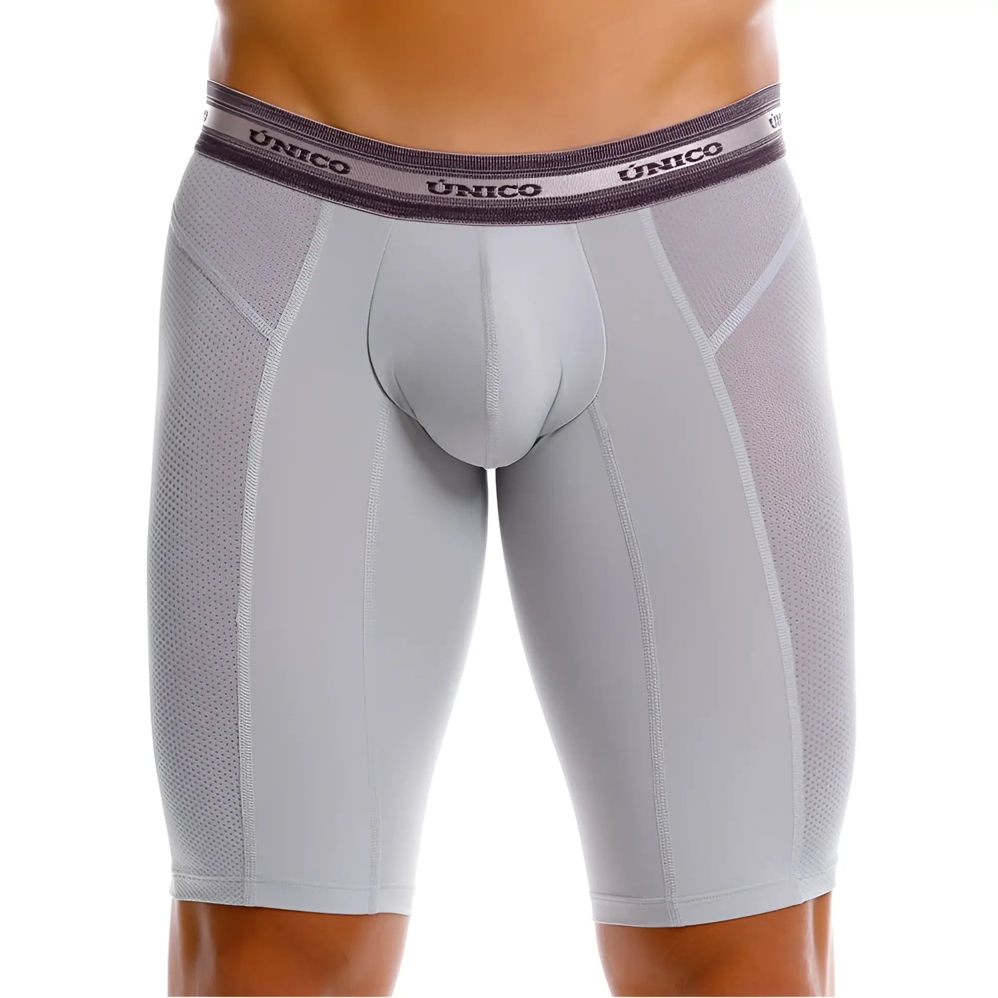 Gray unico men’s athletic boxer briefs with mesh panel design and branded waistband in color 59-gray