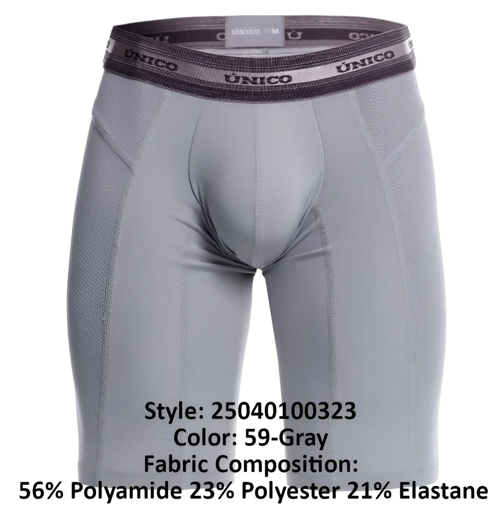Gray unico men’s compression boxer briefs with textured waistband and performance fabric blend for activewear