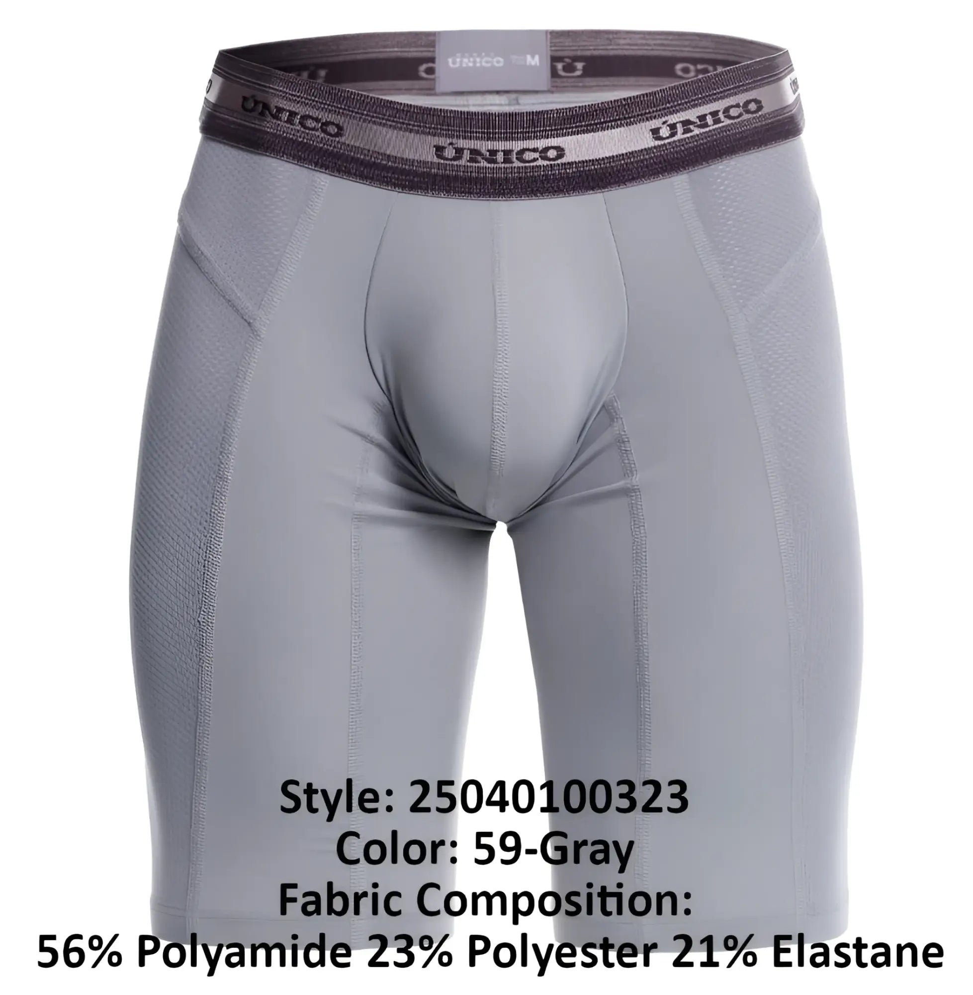 Gray unico men’s compression boxer briefs with textured waistband and performance fabric blend for activewear