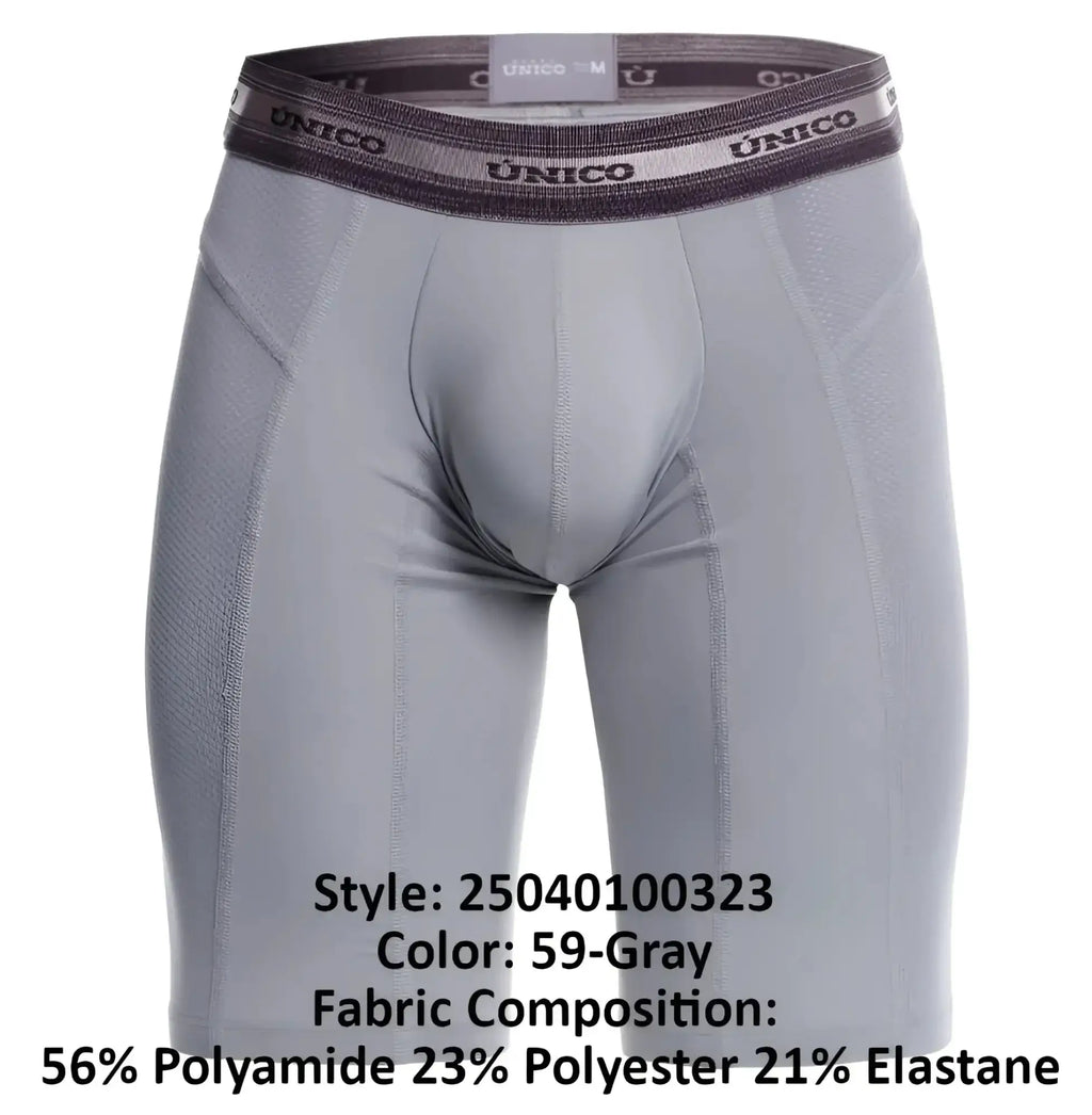 Gray unico men’s compression boxer briefs with textured waistband and performance fabric blend for activewear