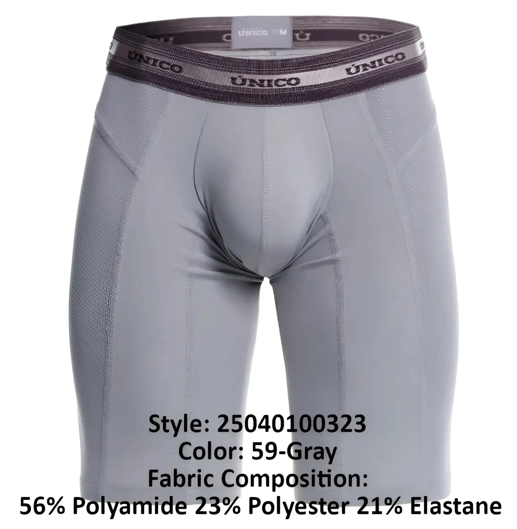 Gray unico men’s compression boxer briefs with textured waistband and performance fabric blend for activewear