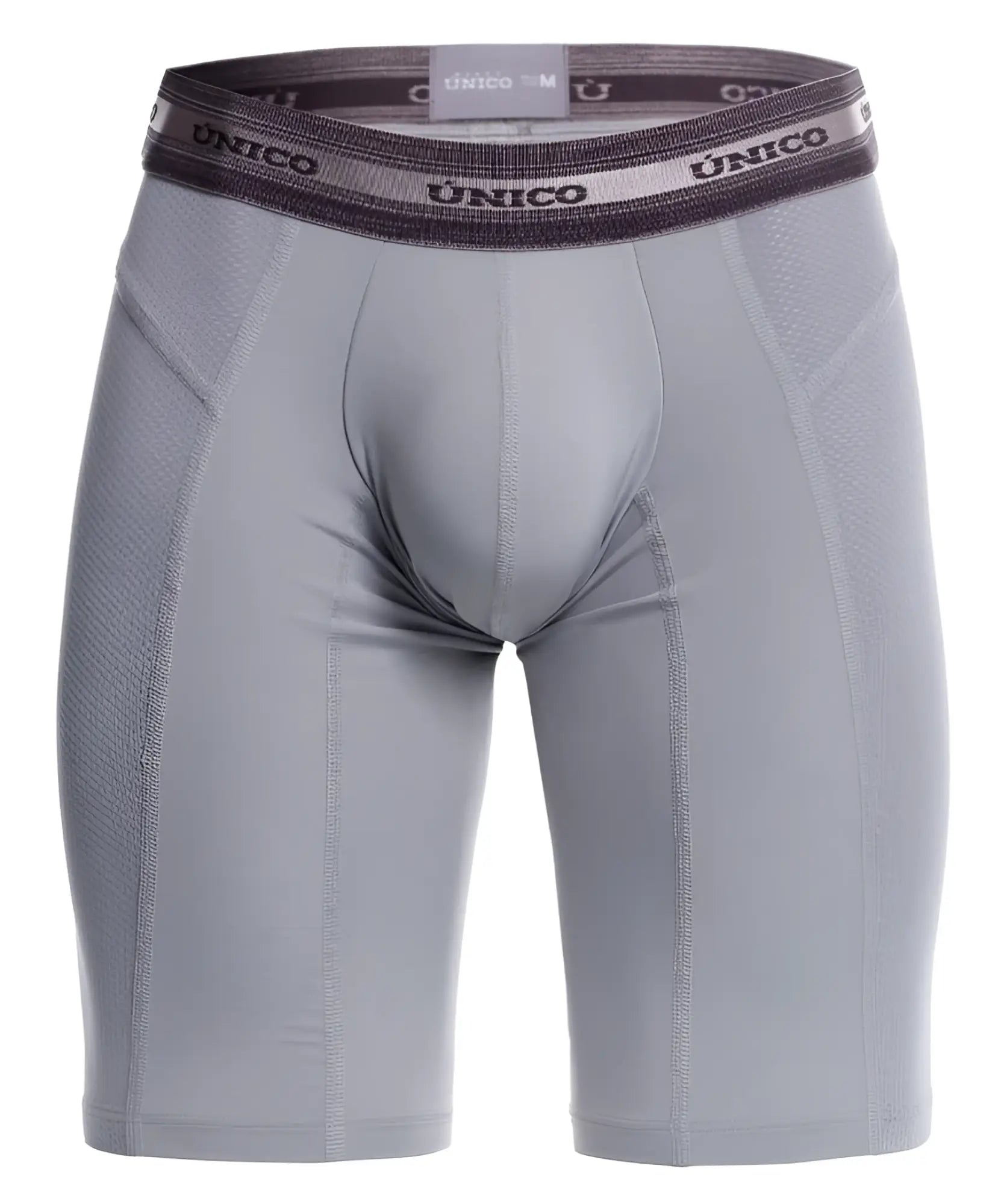 Gray unico 25040100323 Albaricoque men’s compression briefs with dark gray waistband and white brand lettering