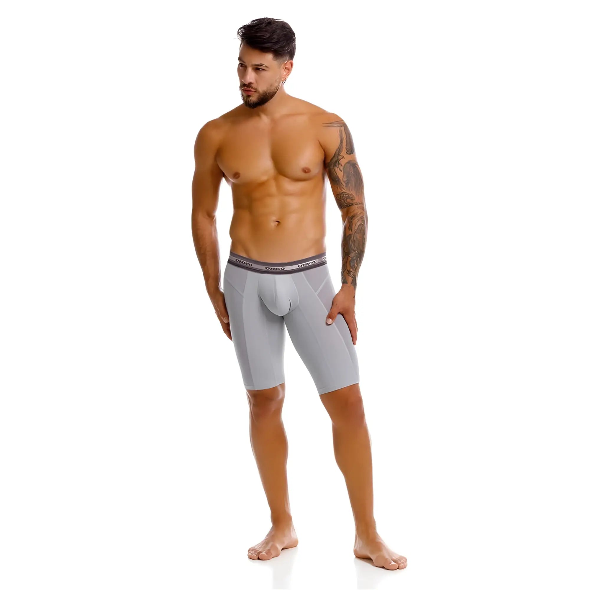Unico 25040100323 albaricoque gray men’s boxer briefs with dark gray elastic waistband and dance branding