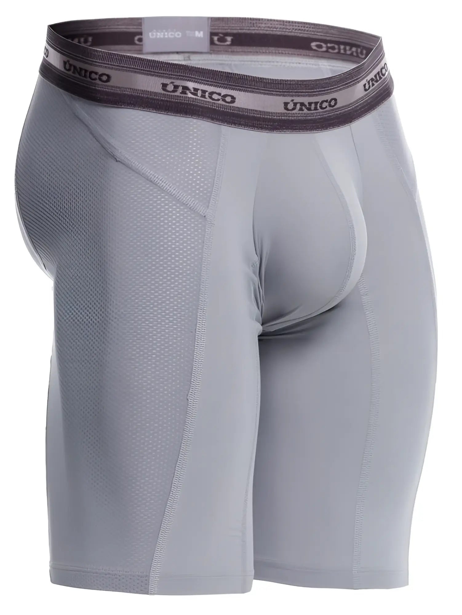 Gray unico men’s boxer briefs in color 59-gray featuring a textured mesh panel and branded waistband