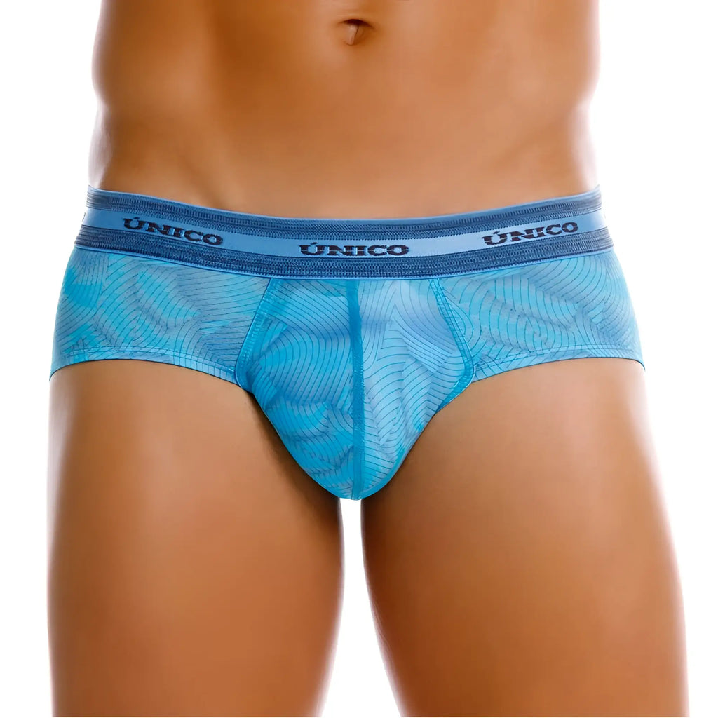 Unico Estraza briefs in blue featuring sheer patterned mesh fabric and a solid waistband for men