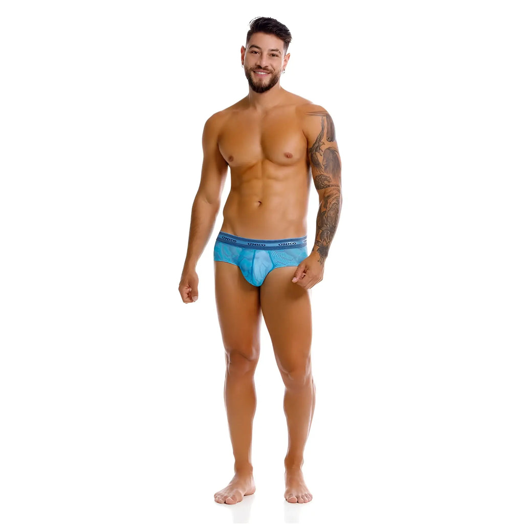 Unico 25040101101 estraza blue mesh briefs with solid blue waistband featuring brand name since in white