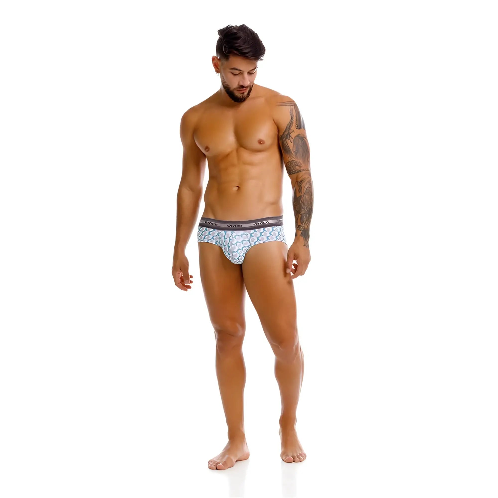 Unico caterva briefs in light blue patterned fabric with dark gray elastic waistband for comfortable wear