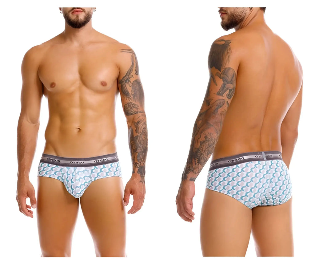 Unico 25040101115 Caterva briefs featuring light blue and white pattern with gray unico waistband in color 43 printed