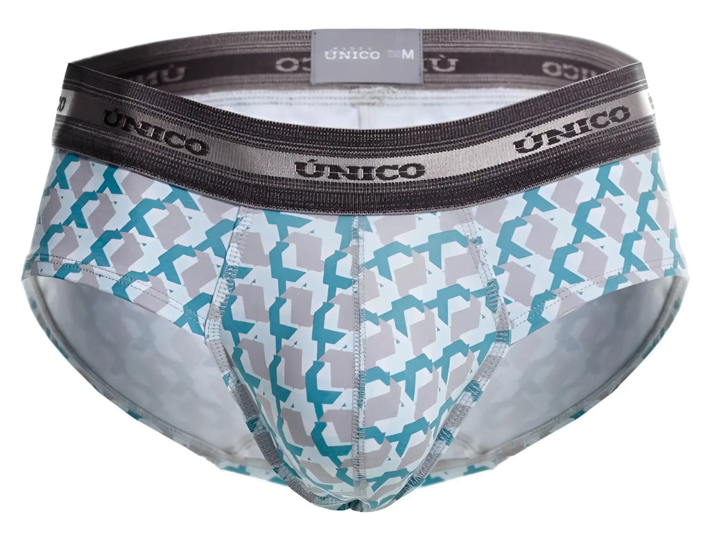 Unico 25040101115 Caterva briefs in teal and gray geometric print on white with dark gray elastic waistband