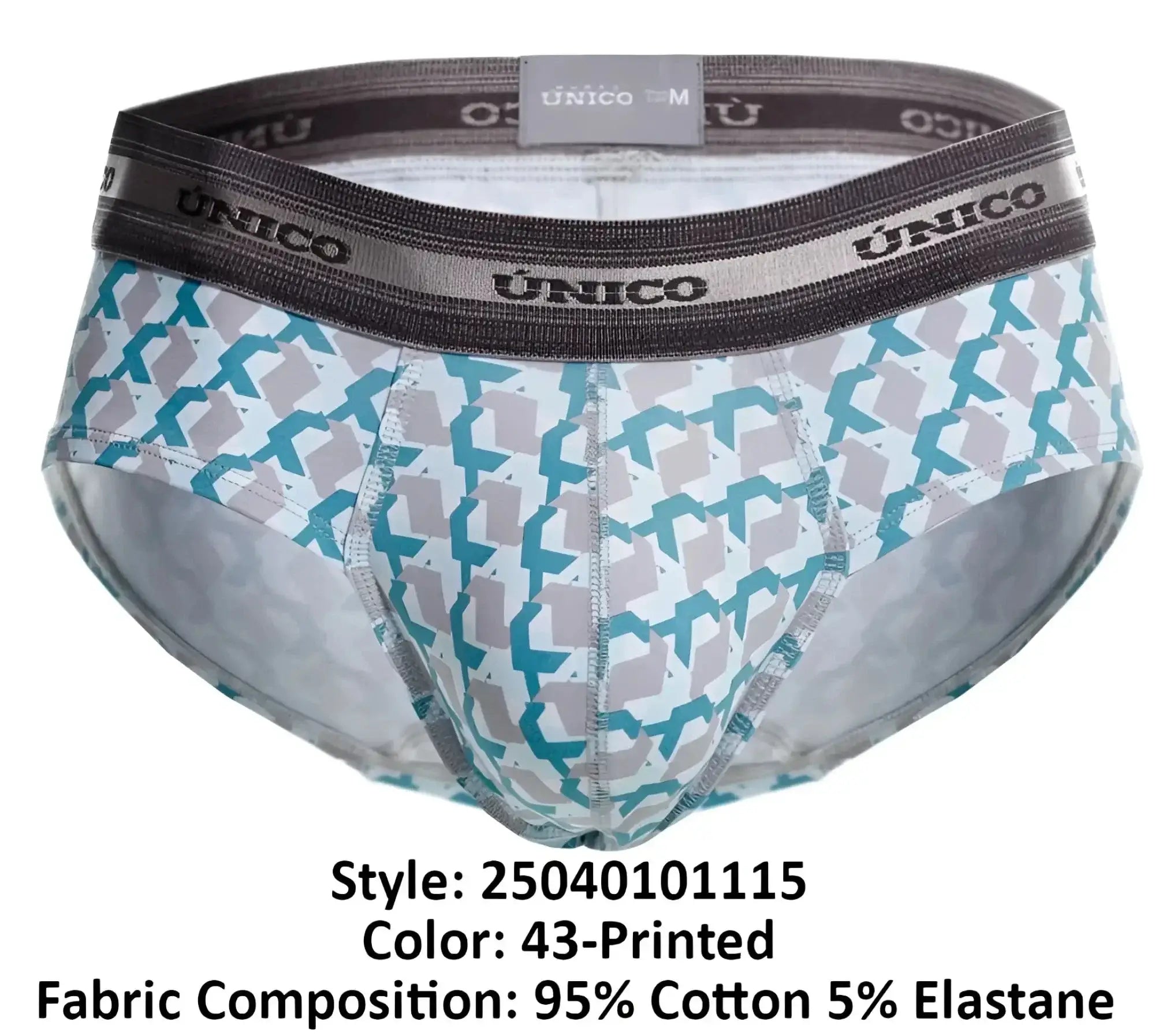 Unico 25040101115 caterva briefs men’s printed teal and gray geometric pattern cotton elastane blend