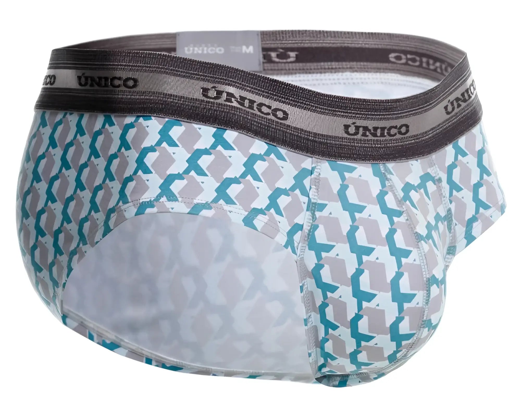 A pair of unico 25040101115 caterva briefs with teal and gray geometric pattern on white and dark gray waistband