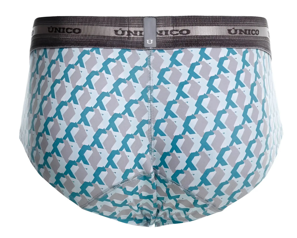 Unico 25040101115 caterva briefs teal and gray geometric pattern with branded elastic waistband for men
