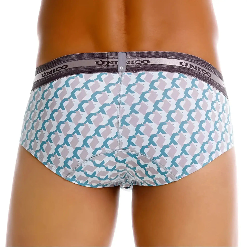 Unico 25040101115 caterva briefs men’s briefs with white base and teal light gray geometric pattern printed color 43