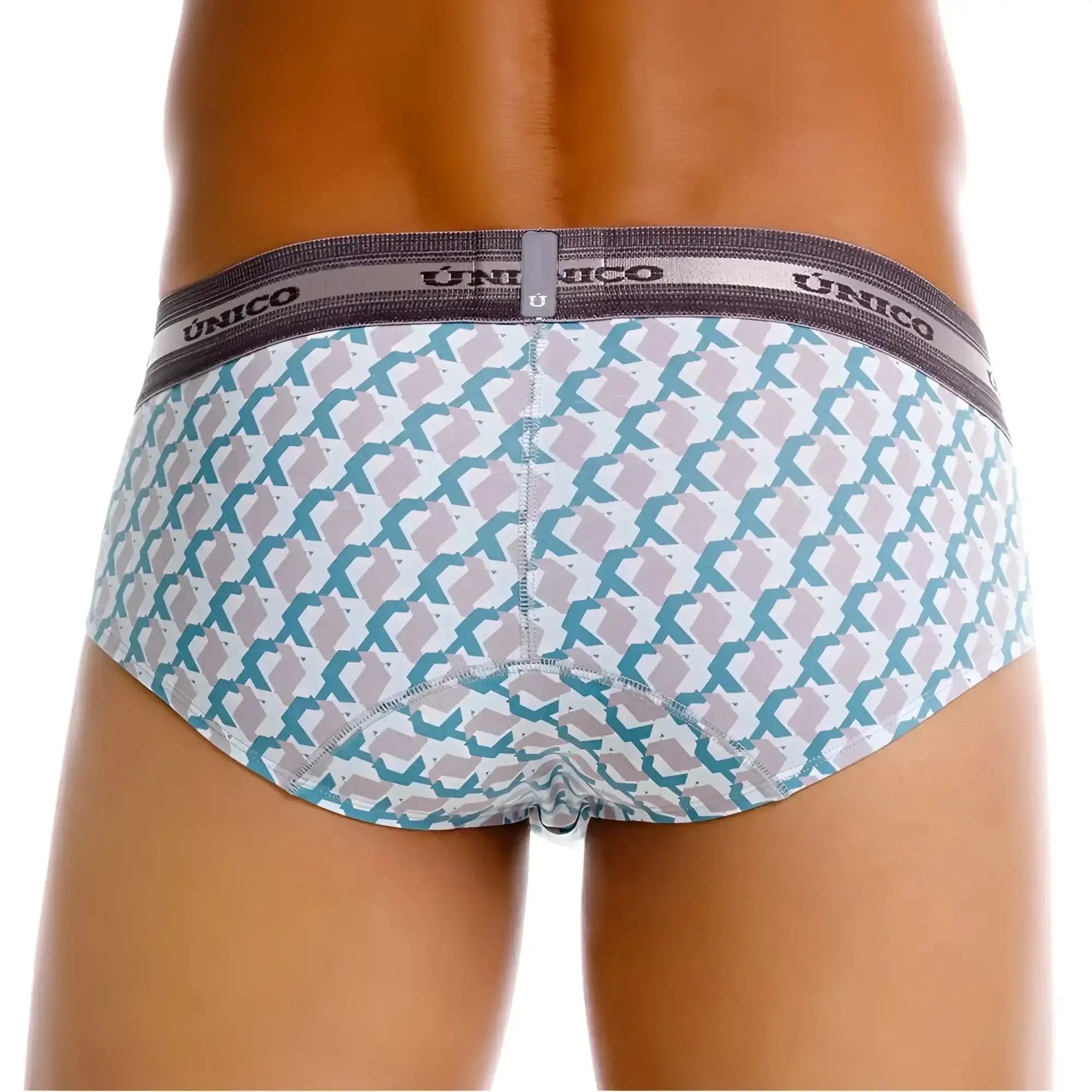 Unico 25040101115 caterva briefs men’s briefs with white base and teal light gray geometric pattern printed color 43