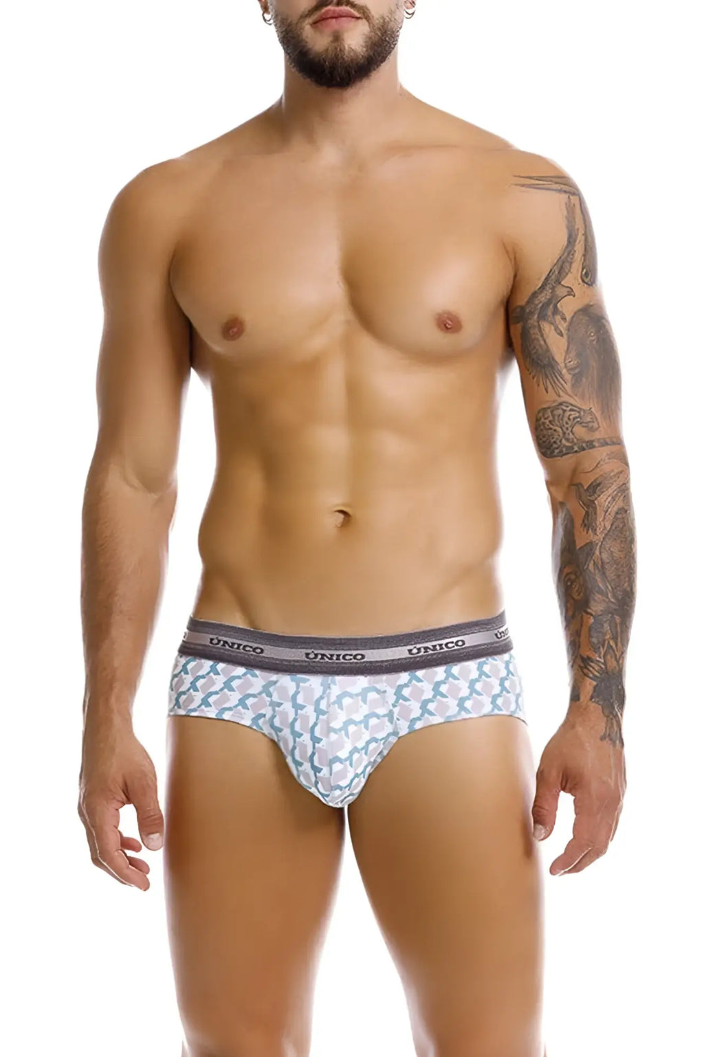 White briefs with light blue and gray geometric pattern and unico branded elastic waistband from caterva briefs color 43-printed
