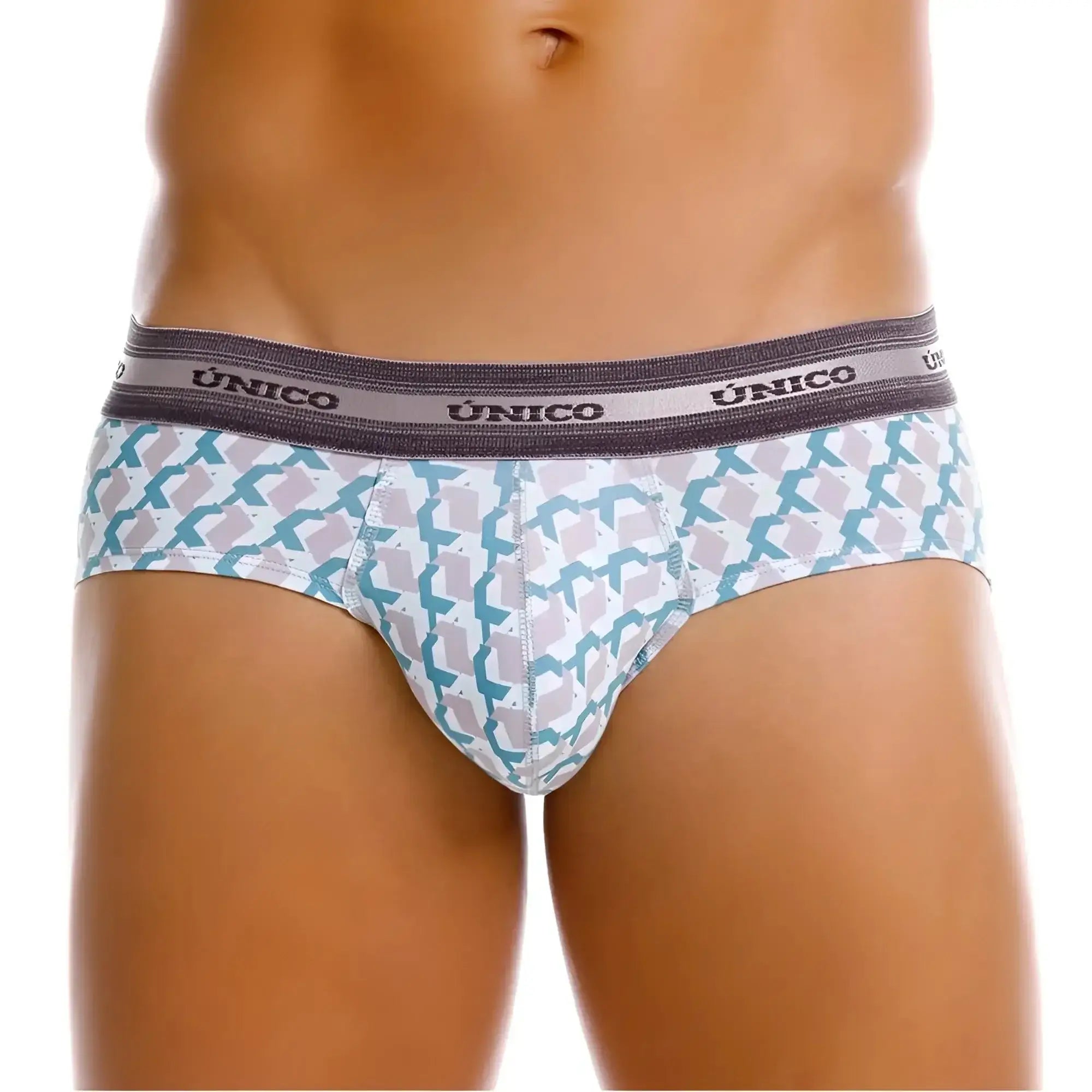 Unico 25040101115 caterva briefs feature white fabric with teal gray geometric patterns and a dark gray waistband