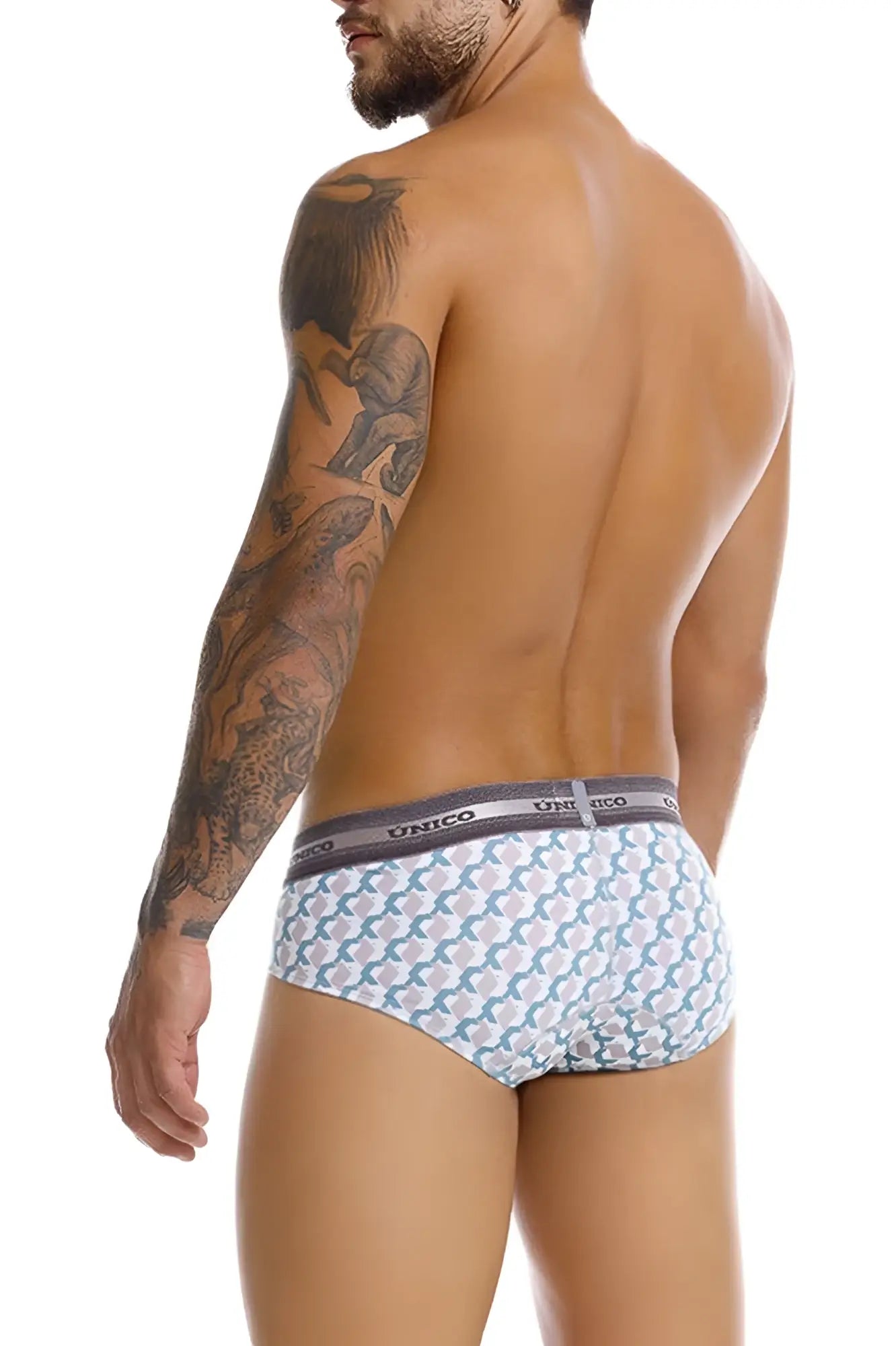 White and teal patterned unico 25040101115 caterva men’s briefs with gray elastic waistband in printed color 43