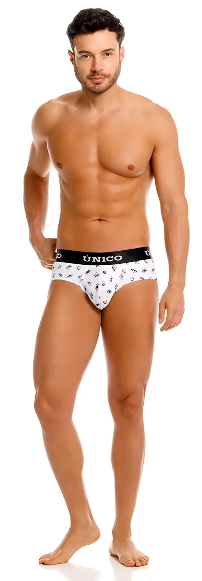 White unico 25040101130 frenchis briefs with black anchor pattern and black waistband featuring unico brand name
