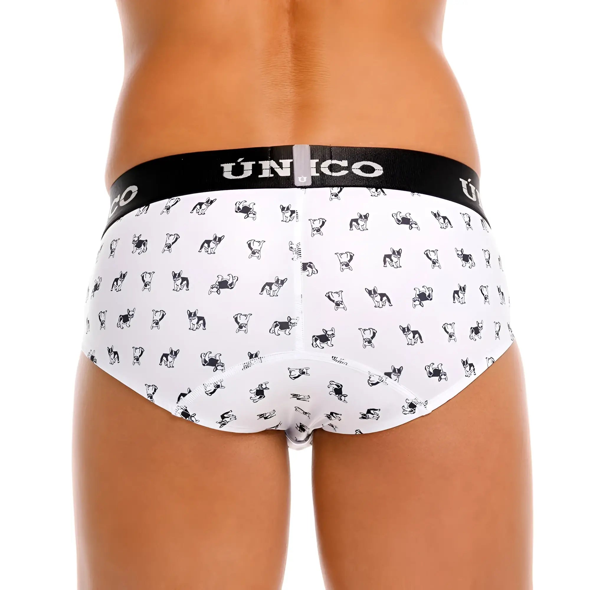 White Unico frenchis briefs with black and white dog pattern and branded black waistband color 00-white