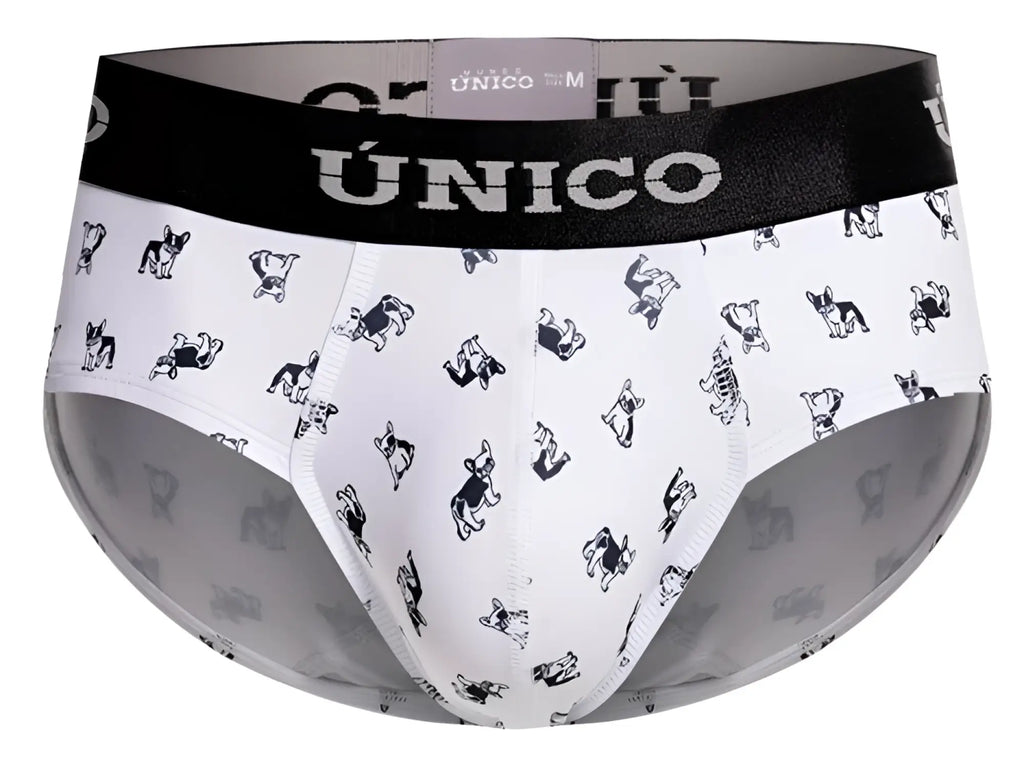 White briefs with black french bulldog prints and a black waistband featuring único branding in color 00-white
