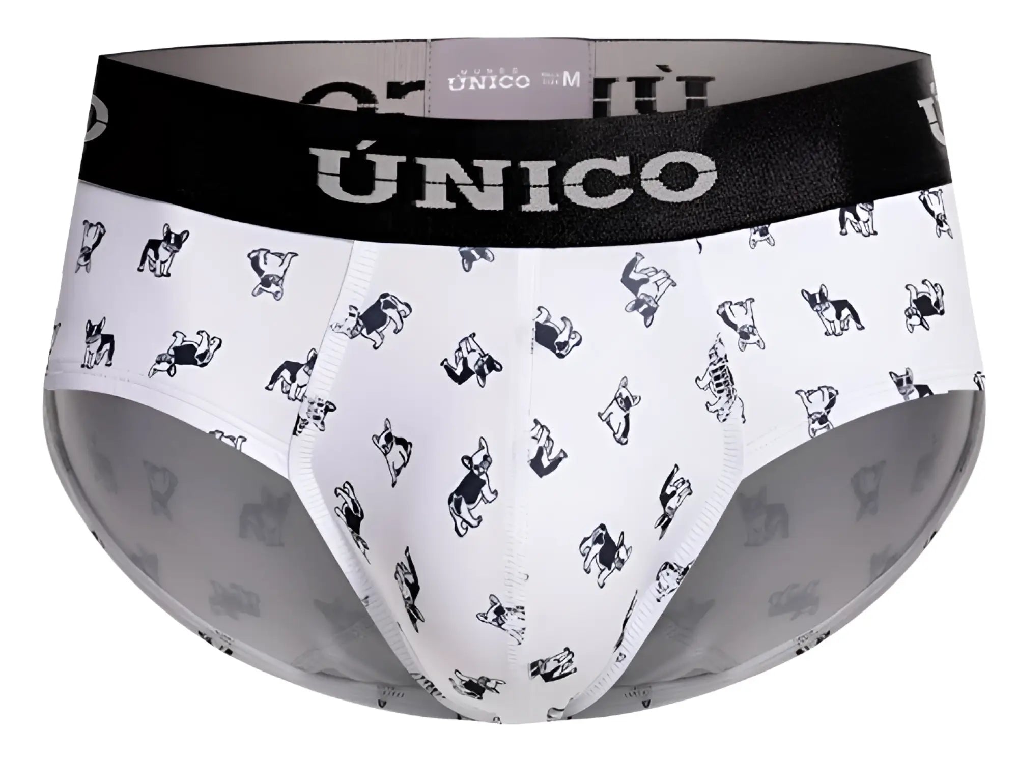 White briefs with black french bulldog prints and a black waistband featuring único branding in color 00-white