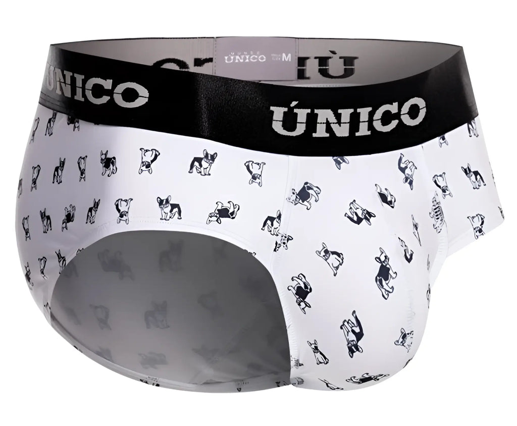White unico 25040101130 frenchis briefs with black gray cartoon french bulldogs and bold black waistband