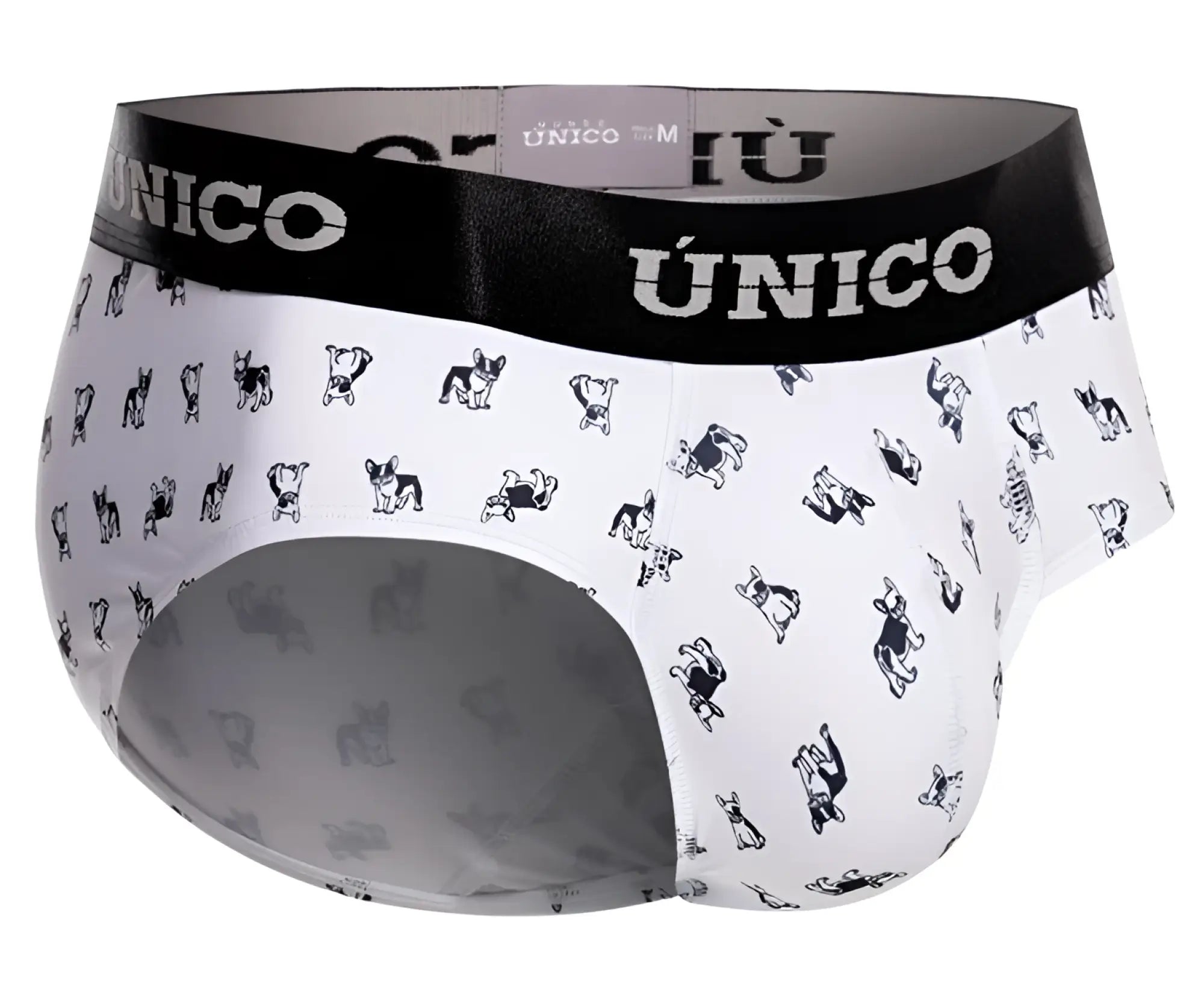 White unico 25040101130 frenchis briefs with black gray cartoon french bulldogs and bold black waistband