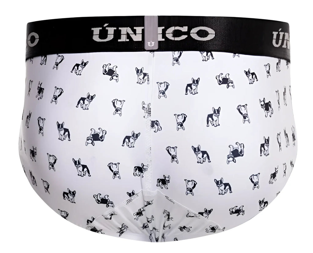 White unico 25040101130 frenchis briefs with black and white french bulldog pattern and black elastic waistband