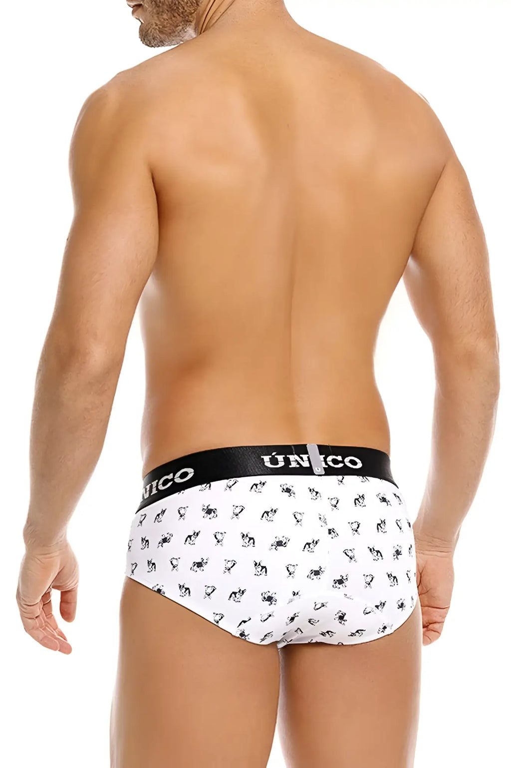 White unico 25040101130 frenchis briefs with black waistband and small dog silhouette pattern in white color