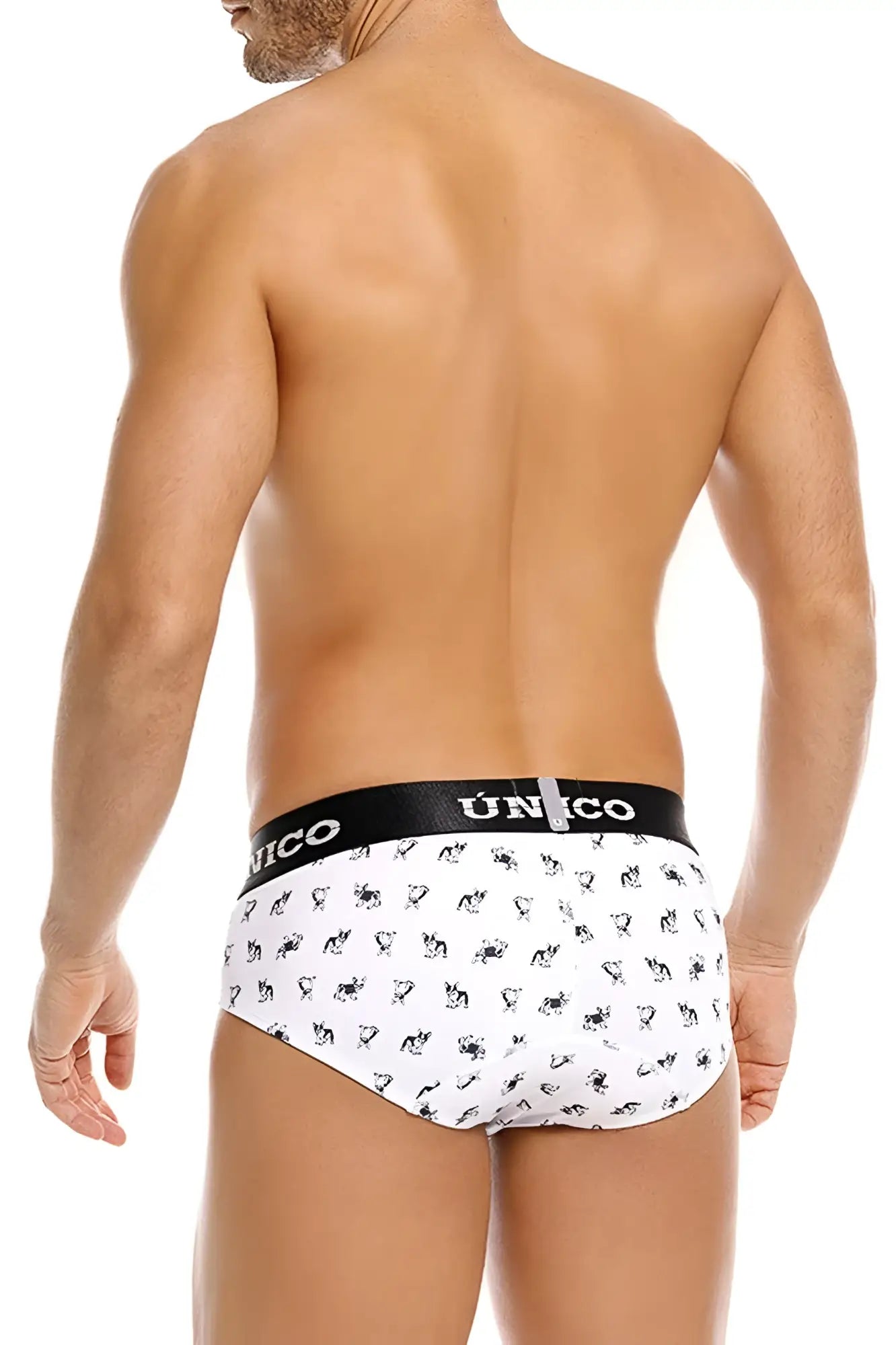 White unico 25040101130 frenchis briefs with black waistband and small dog silhouette pattern in white color