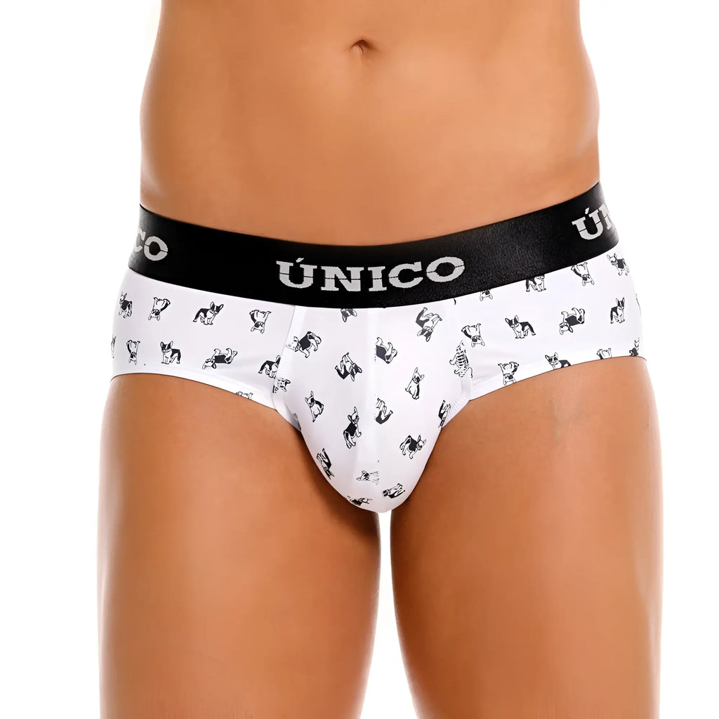 White briefs with black waistband featuring único brand and black french bulldog pattern in unico 25040101130 frenchis briefs color 00-white